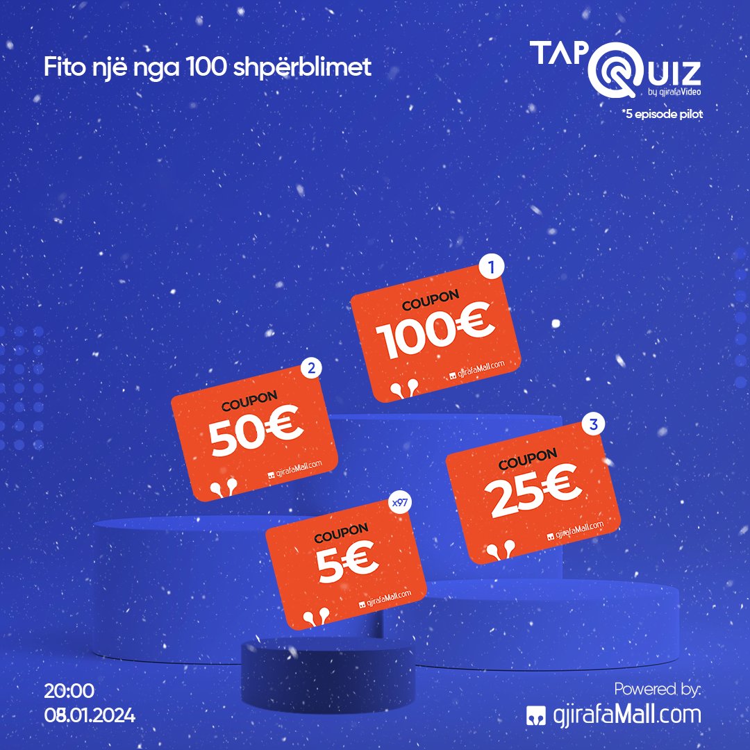Edhe episodi i katërt i TapQuiz po ju sjell 100 shpërblime 🔥🔥🔥

A jeni gati?

📍 Shihemi nesër prej orës 20:00 LIVE dhe ONLINE në gjirafaVideo