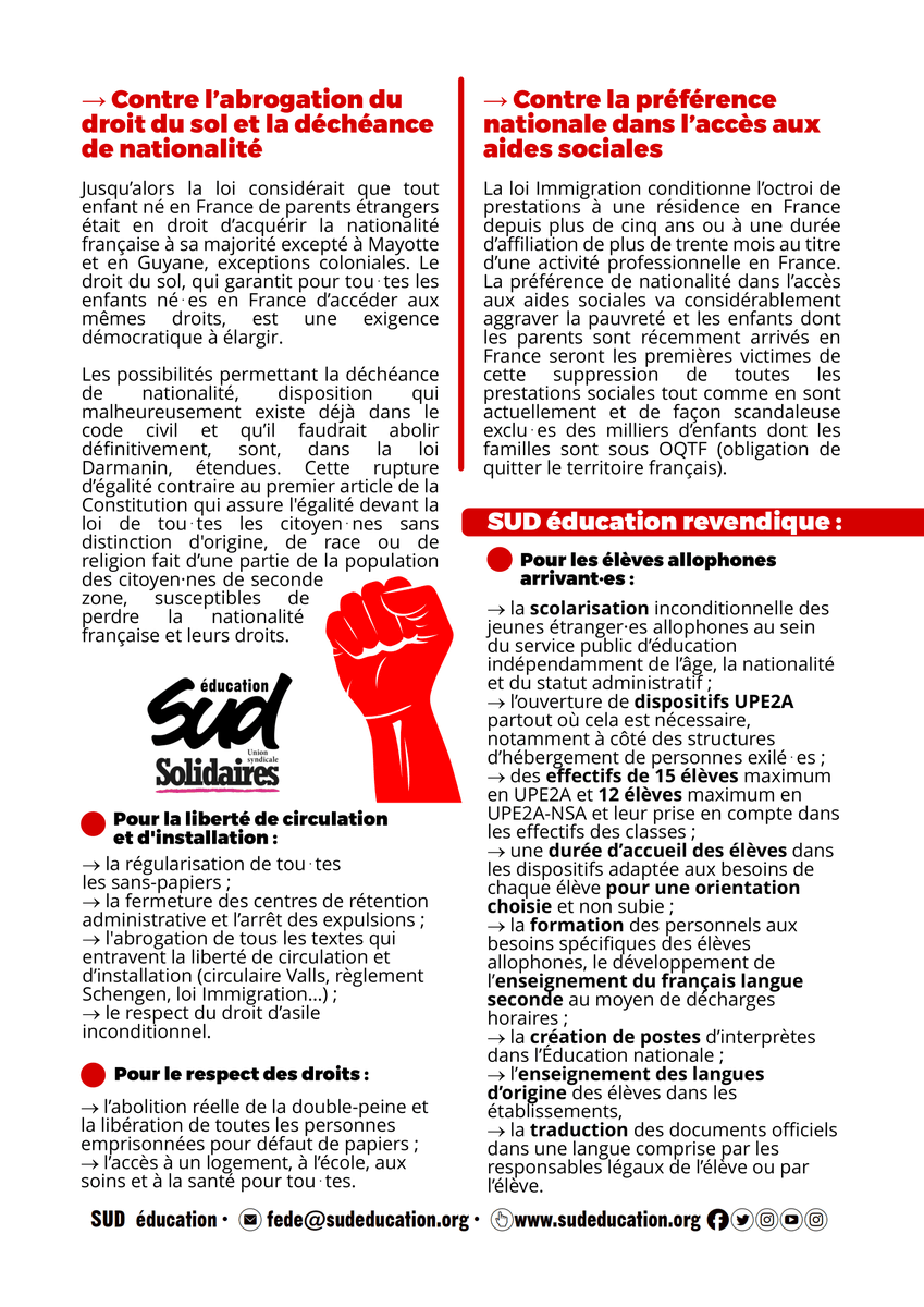 sudeducparis's tweet photo. ✊Contre la loi immigration, mobilisons-nous le 14 et le 21 janvier !
https://t.co/WbVHKI8GTW https://t.co/derZFHjr40