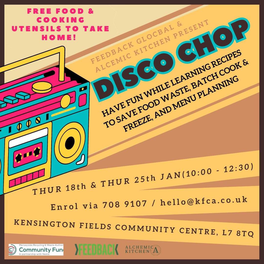 Our friends @feedbackorg are hosting two Disco Chop 'Waste Not Workshops' at #KFCA on Thur 18th & 25th Jan (10:00 – 12:30) with demos of affordable meals & sharing tips on preventing food waste. Take home FREE food & utensils. Thank you @MerseysideRWA for the funding the sessions