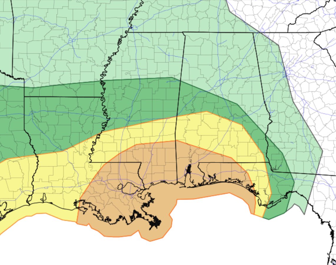 ALwxPlus's tweet image. The SPC has now put out a 3/5 Enhanced Risk over the Gulf Region of the state.

⚠️ *This will be a overnight event so make sure you have anyway to get watches/warnings like a NOAA Weather Radio* ⚠️

#ALwx #wxtwitter