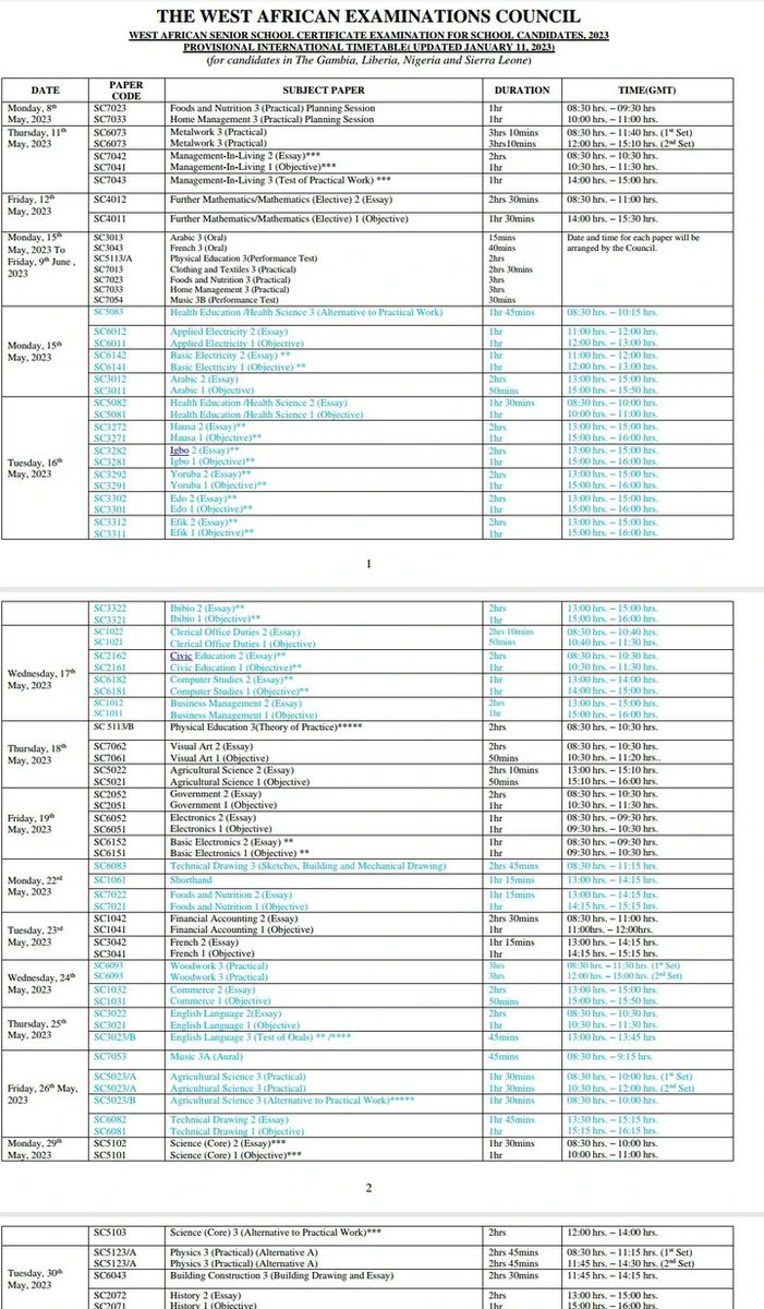 MichaelOchigbo4's tweet photo. @notelonmuskkkk This is west Africa education council (waec) exam time table https://t.co/HjRTMP8Vbr