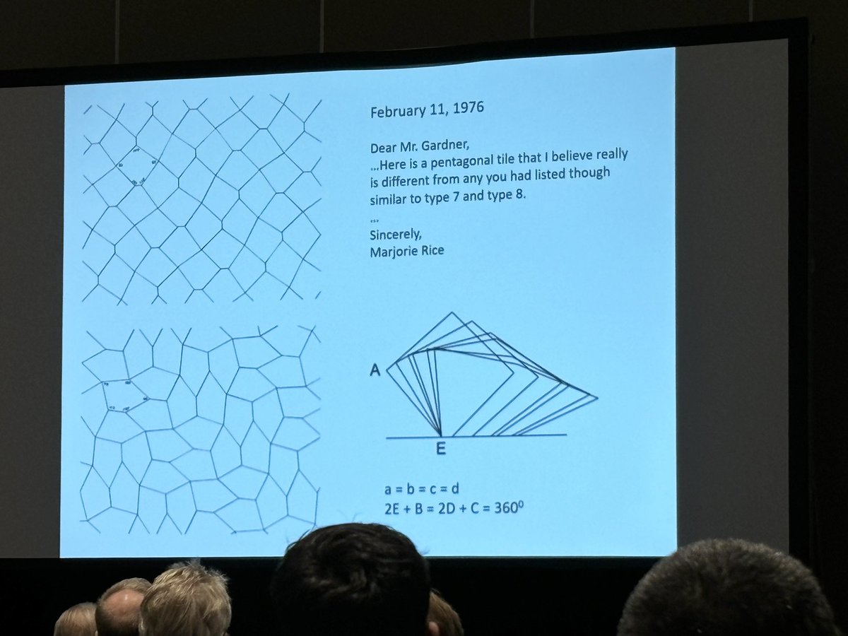 Marjorie Rice, everyday hero to mathematicians. Great talk by Doris Schattschneider at #jmm2024 about the non math educated woman who discovered 4 new pentagonal tilings in the mid-70s and how she did it. Inspiration for my book!