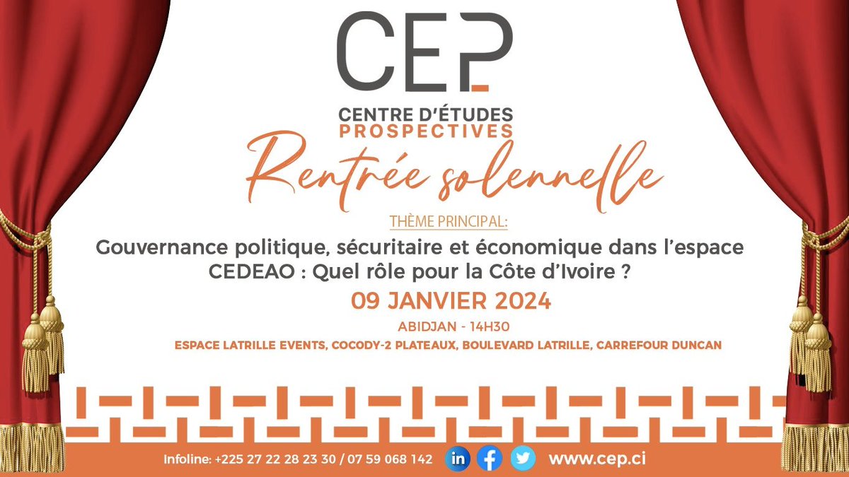 Nous avons le plaisir de vous convier à la Rentrée Solennelle du Centre d'Études Prospectives (CEP) qui se tiendra : 
📅 Date : Mardi 9 Janvier 2023
⏰ Heure : À partir de 13h30
📍 Lieu : Latrille Event, 2 Plateaux, Carrefour Duncan

Entrée libre

#RentréeCEP2024
#CEPProspectives