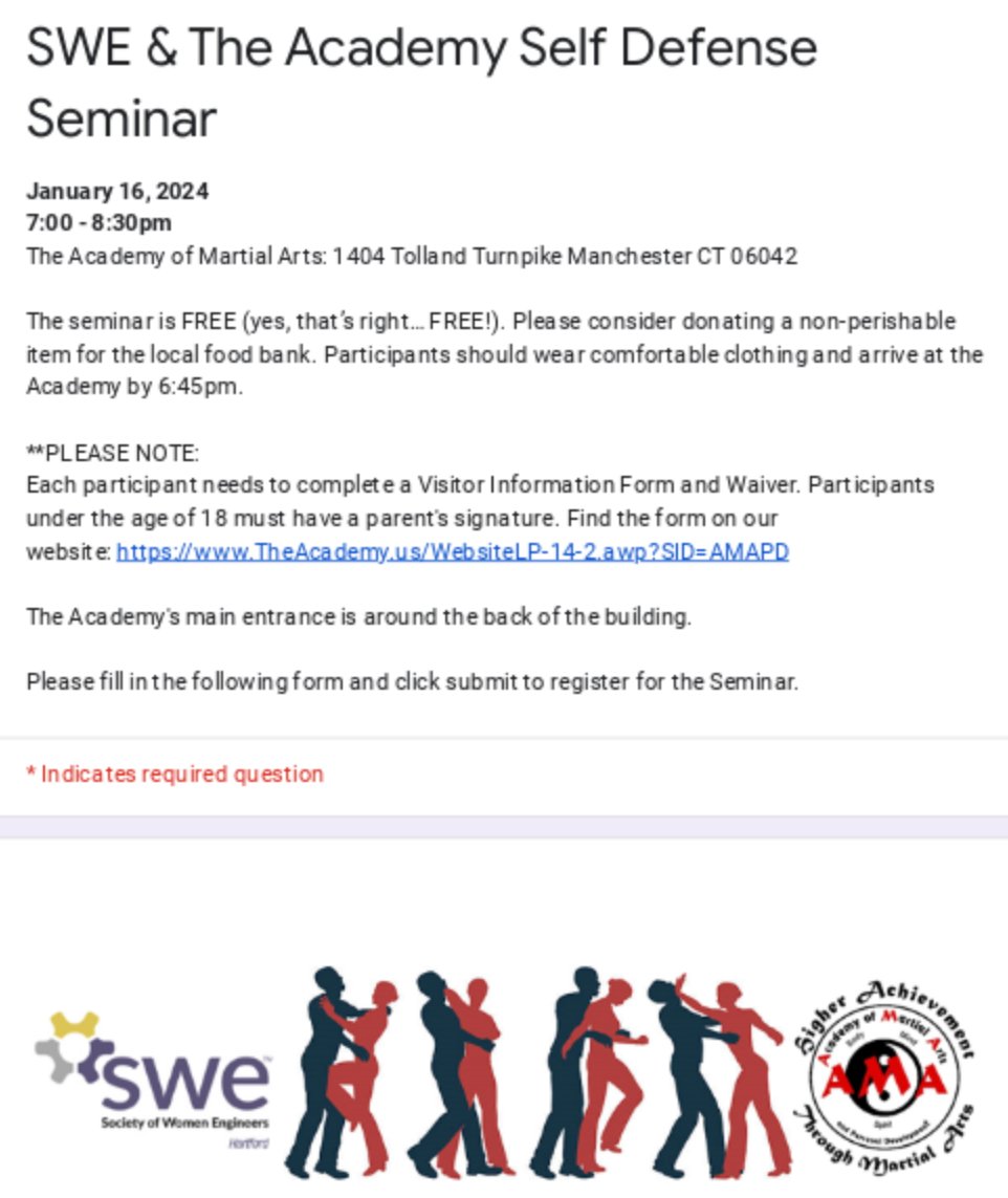 Join us for a FREE self-defense seminar on 1/16/24! See the flier below for more information.

Please RVSP by filling out the following google form and required visitor information form &amp; waiver for the Academy of Martial Arts.
forms.gle/bLzrGsRpz8thHU…
theacademy.us/WebsiteLP-14-2…