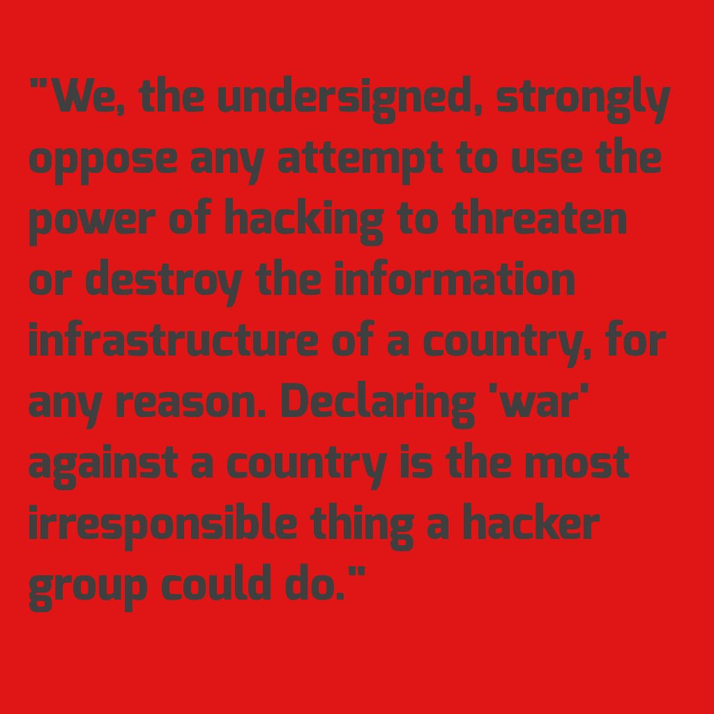 1999: A coalition of hacker groups condemned the Legion of the Underground's declaration of war against the governments of Iraq and China. The group included cDc, L0pht Heavy Industries, Phrack, Chaos Computer Club, and others.