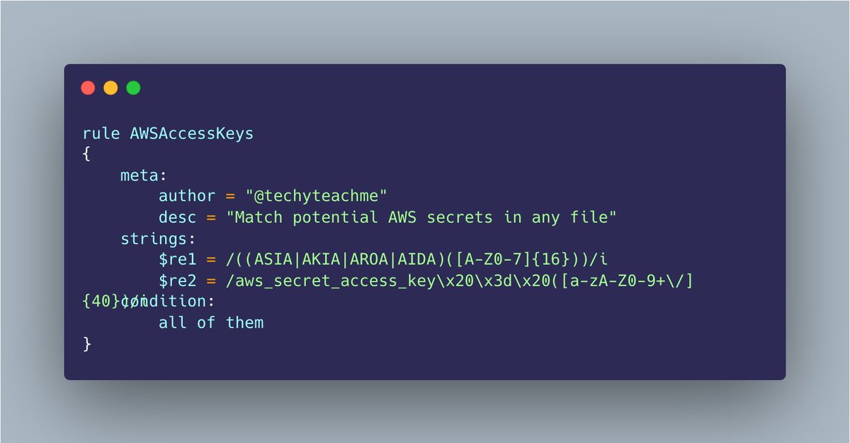 Going through @stvemillertime 's YARA training and playing with atom matching for speed to find aws keys in files #100daysofyara

Good and bad guys leave secrets in files. Use regex! Go to Trufflehog, copy regex, load in cyberchef and voila

gist: gist.github.com/zmallen/d2305b…
