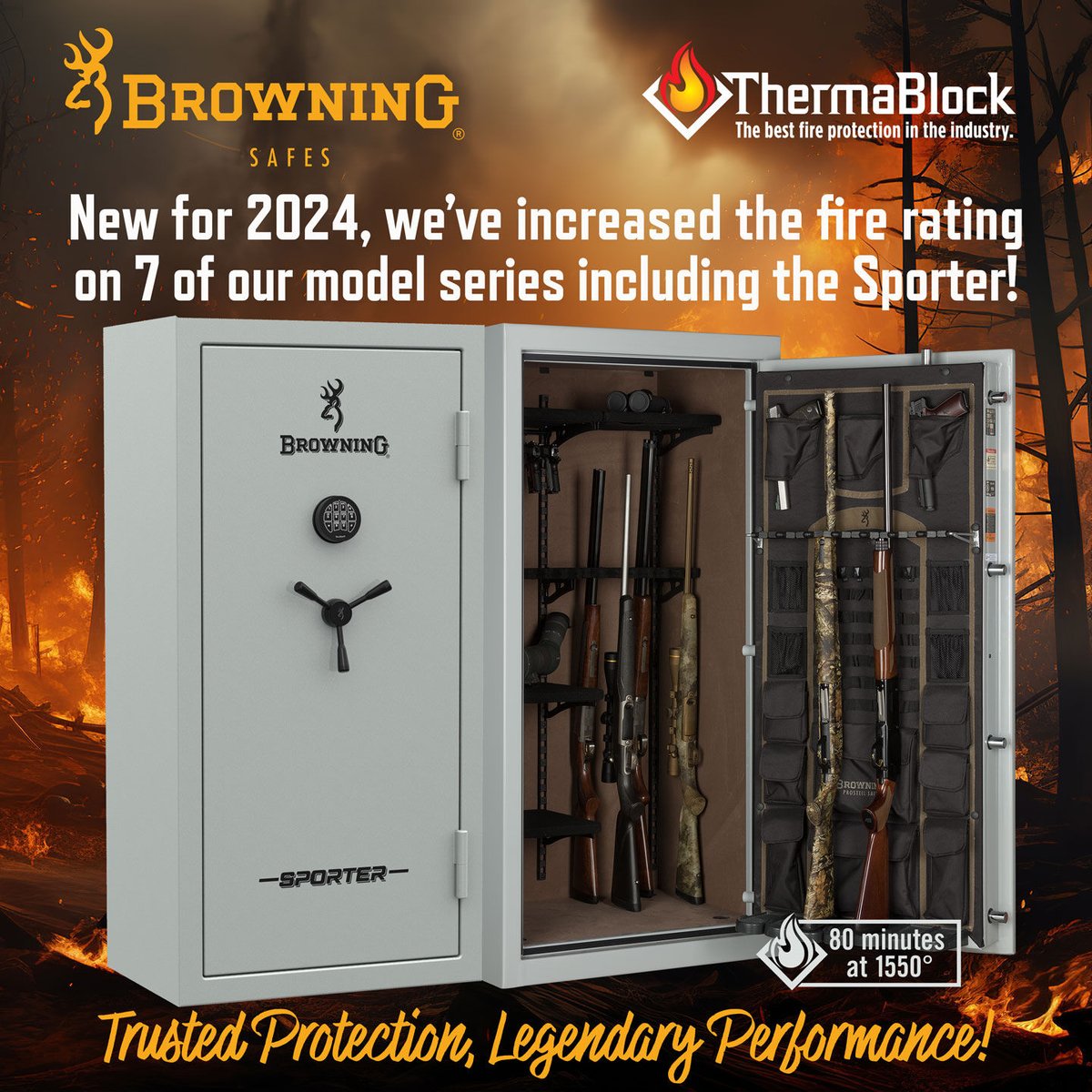 BrowningSafes's tweet photo. #BrowningSafes increased the fire rating on 5 of our models for 2024. We raised the Sporter's 60 minutes at 1,400° to 80 minutes at 1,550° (equals 95 min at 1,200°). Our #ThermaBlock system provides the best fire protection in its class. Get it online at https://t.co/ph56FlbMvc. https://t.co/QQAeQAmYY8