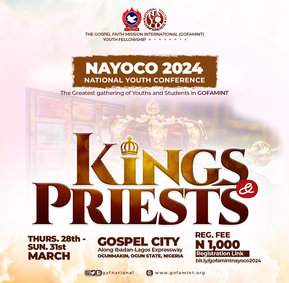 We are ready. Come join us for this special meeting and the Lord will do you good.

#NAYOCO2024
#kingsandpriests
#godlygems
#GYFNational
#GOFAMINT