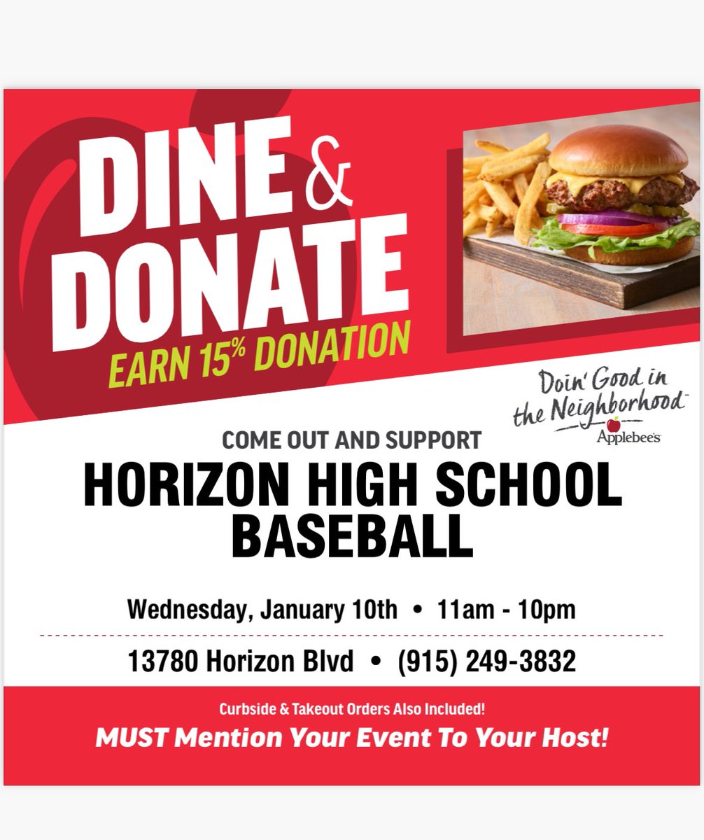 Please come and support your Horizon Baseball Team on 1/10/24 @ApplebeesEPLC on Horizon Blvd from 11am-10pm. You Must mention the flyer supporting the Horizon Baseball Team! @RT_Horizon_HS #ReptheH #Scorpionstrong