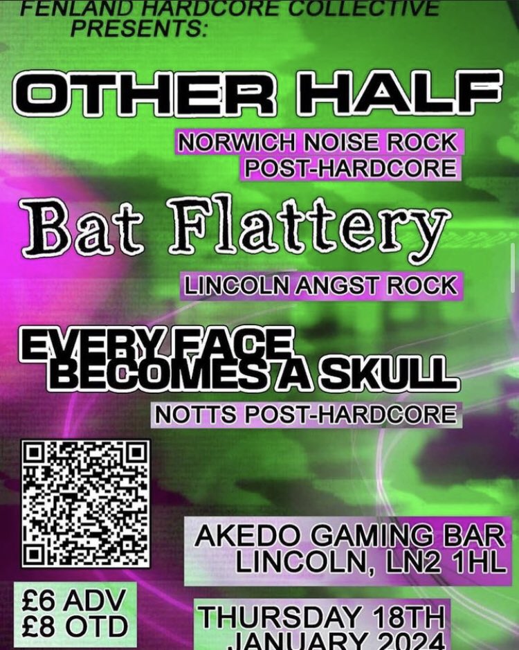 Next up 18 1 24 at Akedo, Lincoln. Tickets: flhcc.bigcartel.com/products #posthardcore #postpunk #mathrock #punk #livemusic #lincoln #lincolnmusicscene #bat