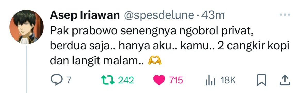 bluesunkiss_'s tweet photo. "Apa maksudmu memojokkanku di #debatcapres semalam?" Prabowo melonggarkan dasinya. Ia masih merasakan darahnya menggelegak. "Tahu rasa kamu kalau hatiku beralih pada Ganjar."

Anies tersenyum. 

"Duduklah. Kau bilang mau mengopi sambil buka-bukaan?"

https://t.co/ImQP4Nqfvv https://t.co/hYZgIPRThB