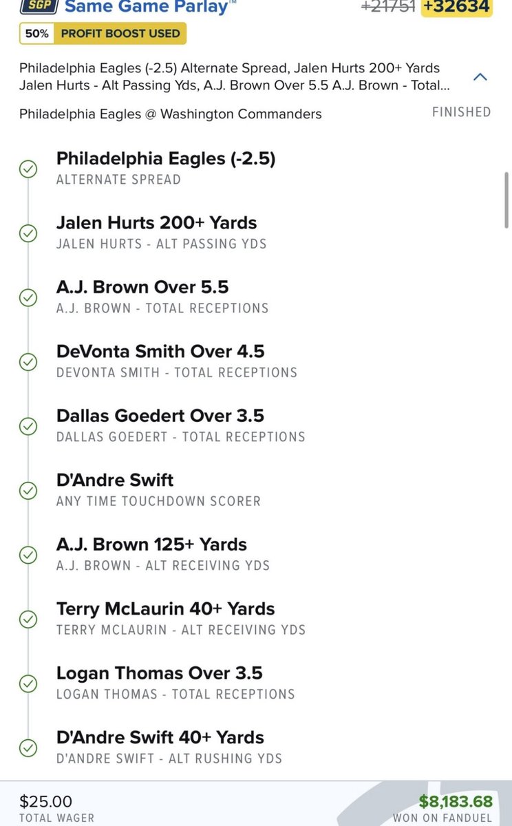 CASH… $25 —> $8,183.68 💰🤯☑️

Today the Eagles play so it’s only right <a href="/InvestedUchiha/">P A I N ⁶𓅓</a> and I run it back!🔥

Whose ready to flip $25 into $10,000?

Follow/Like/RT and Im dropping ASAP!
#GamblingX #Giveaway #Fanduel