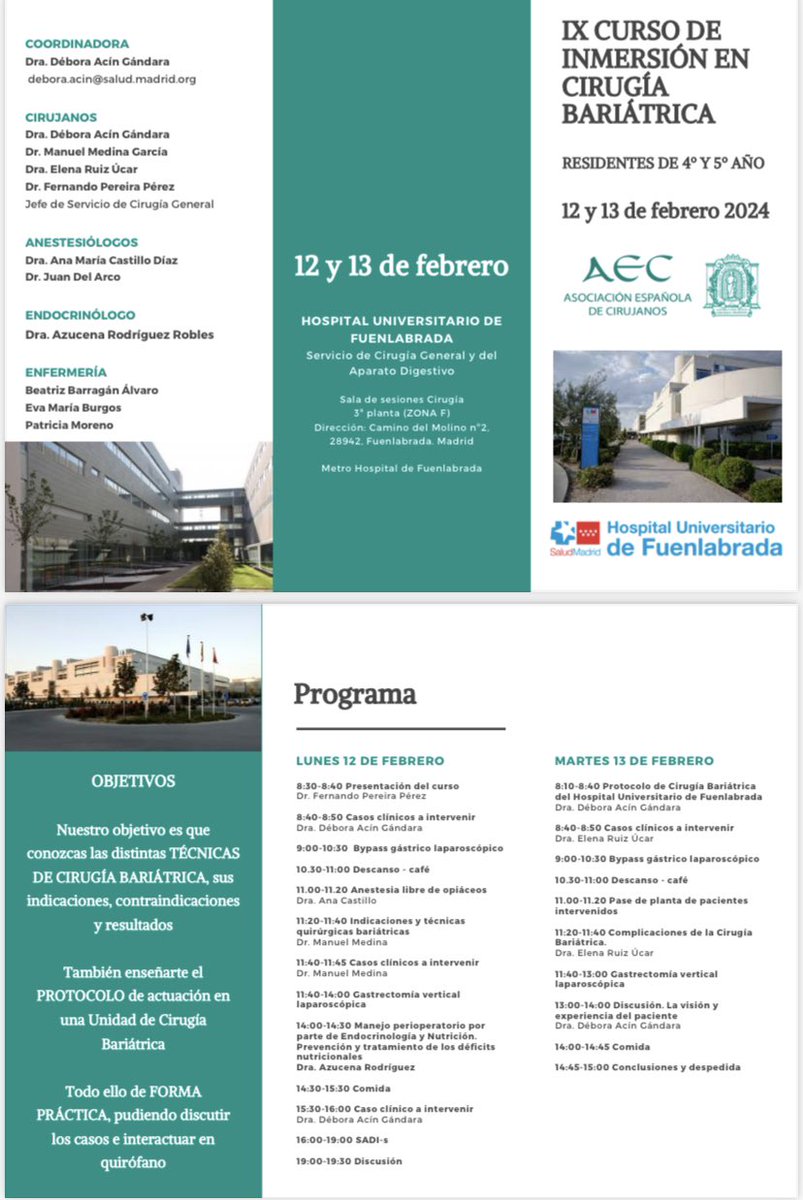 DeboraAcin's tweet photo. El 12 y 13 de febrero impartiremos en el Hospital Universitiario de Fuenlabrada el IX Curso de Inmersión en Cirugía Bariátrica de la AEC. Quedan plazas disponibles. @aecirujanos @aec_obesidad 

https://t.co/iaSAOXR4IQ https://t.co/t5zpRUFJpF