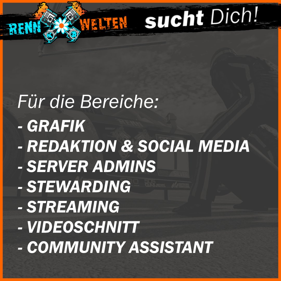 RennWelten sucht Dich!

Wie viele andere Communities ist auch RennWelten auf ehrenamtliche Helfer angewiesen. Mit fortschreitendem Wachstum fallen zwangsläufig auch umfangreichere Aufgaben an. Damit diese Aufgaben erledigt werden können, suchen wir Dich als Unterstützung!

Wir