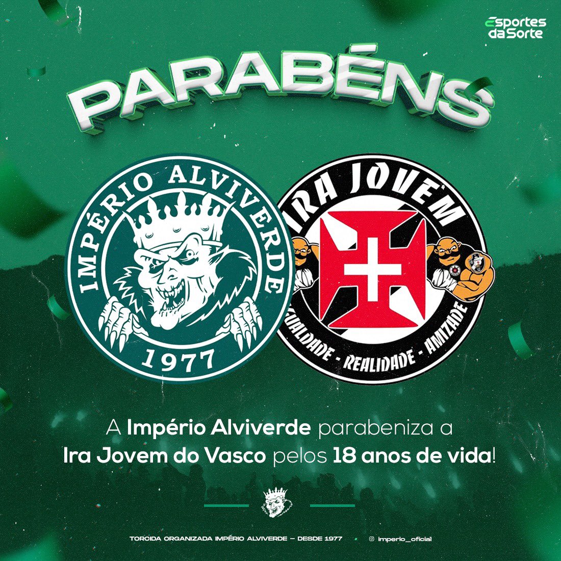 Parabenizamos os irmãos da <a href="/IjvOficial_/">Ira Jovem Vasco</a> pelos 18 anos de caminhada e apoio incondicional ao <a href="/VascodaGama/">Vasco da Gama</a>. 
 
Vida longa! 💪🏾