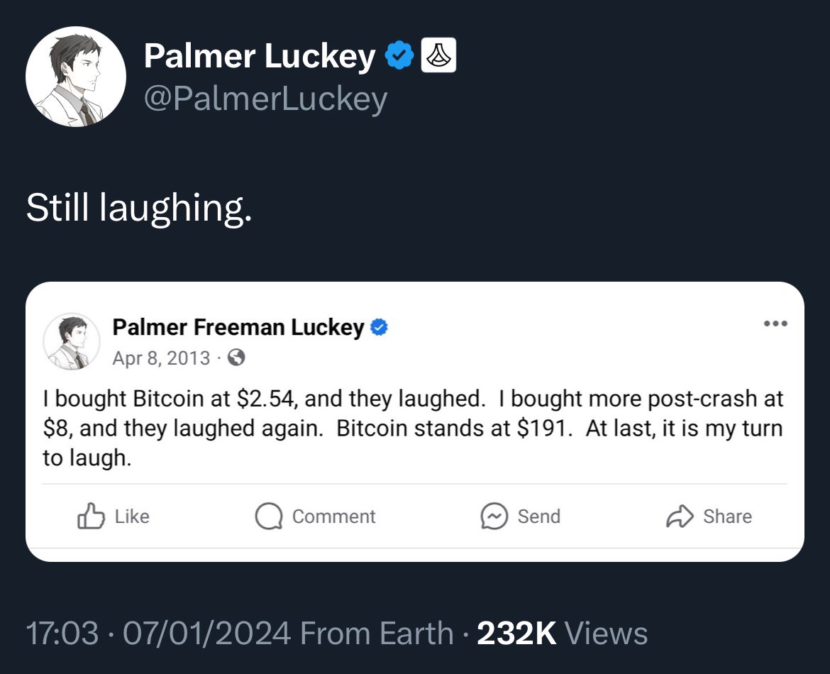 He bought #Bitcoin at $2.54 and they laughed at him…. 👊 😎