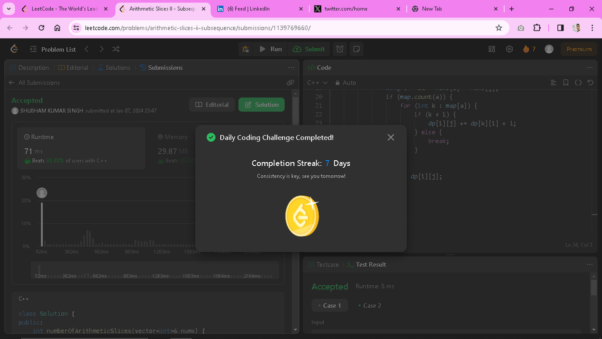Solving daily problem (Day_7) on <a href="/LeetCode/">LeetCode</a>. Learning with fun and enjoying the journey of goal/destination.  
 
 Q. 446. Arithmetic Slices II - Subsequence. 

#leetcodechallenge #problemsolving #improvement #LeetCode #CodingChallenge #NewSkills #DailyChallenges #LearnInPublic