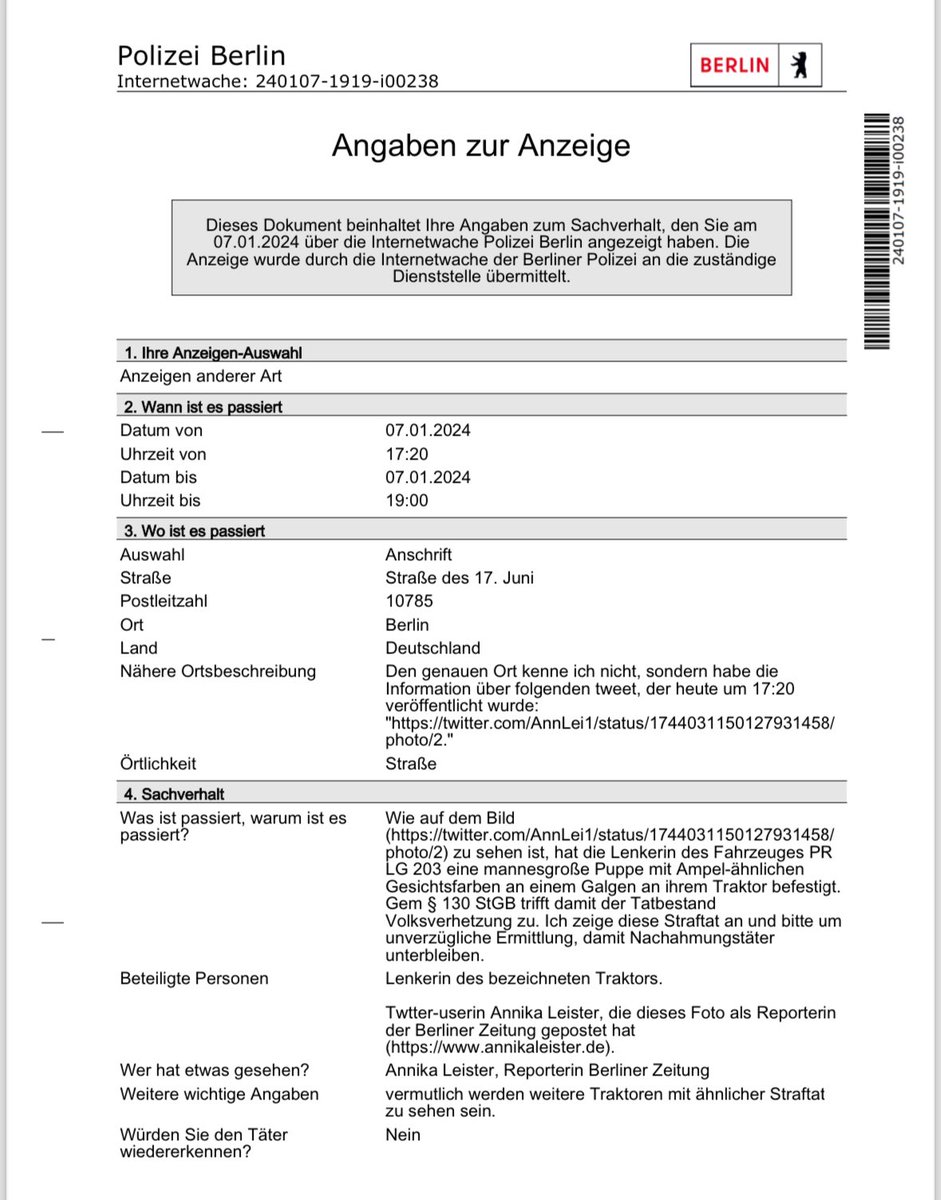 Liebe <a href="/polizeiberlin/">Polizei Berlin</a> <a href="/PolizeiBerlin_E/">Polizei Berlin Einsatz</a> , wegen Verstoß gegen Paragraph StGB 130 #Volksverhetzung gesetze-im-internet.de/stgb/__130.html zeige ich die Treckerfahrerin zweiten Bild mit den Ampelpolitikern am Galgen an, bitte um Ermittlung und sofortige Einschreiten, um weitere Straftaten zu