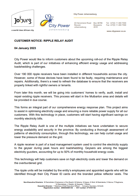 CityPowerJhb's tweet photo. #JoburgUpdates #CityPowerSDC 

Customer Notice📢 

City Power would like to inform customers about the upcoming roll-out of the Ripple Relay Audit. See more... ^IM https://t.co/azi74oqMog