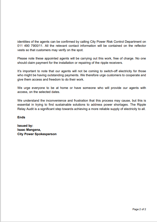 CityPowerJhb's tweet photo. #JoburgUpdates #CityPowerSDC 

Customer Notice📢 

City Power would like to inform customers about the upcoming roll-out of the Ripple Relay Audit. See more... ^IM https://t.co/azi74oqMog