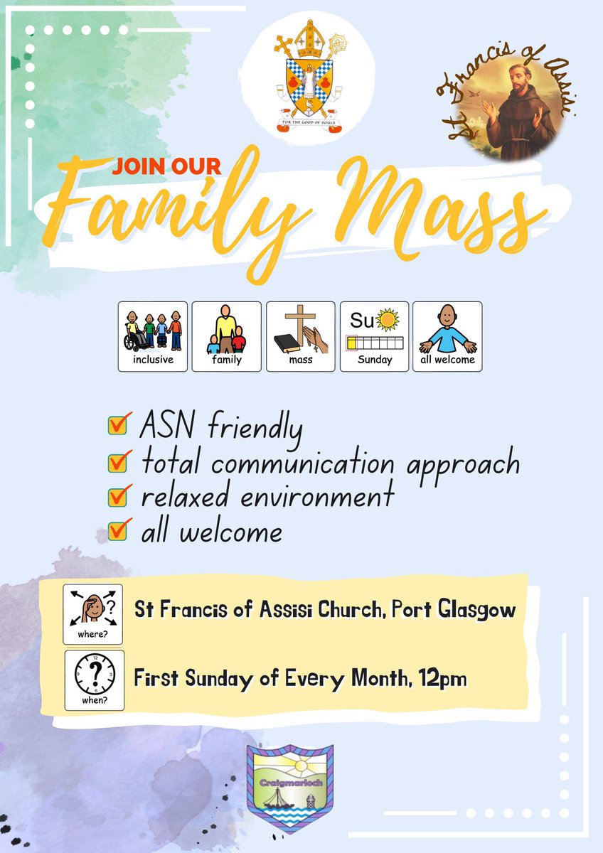 Family Mass is on Sunday 5th May at 12noon. It would be lovely to see lots of new faces at this inclusive family mass, in Saint Francis’ Church, Port Glasgow. @RCStFrancisPG @StStephensHS @StJohnsPG @SMPG1964 @StFrancisPG