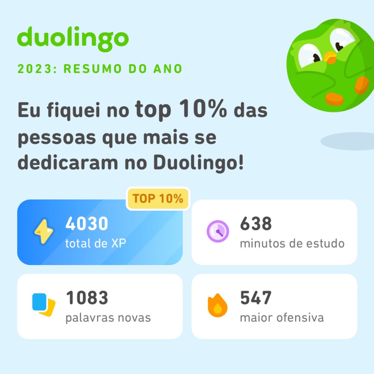 feminitech's tweet photo. Veja quanto eu aprendi no Duolingo em 2023! Quanto você aprendeu? #Duolingo365 https://t.co/xQBthx1BXN