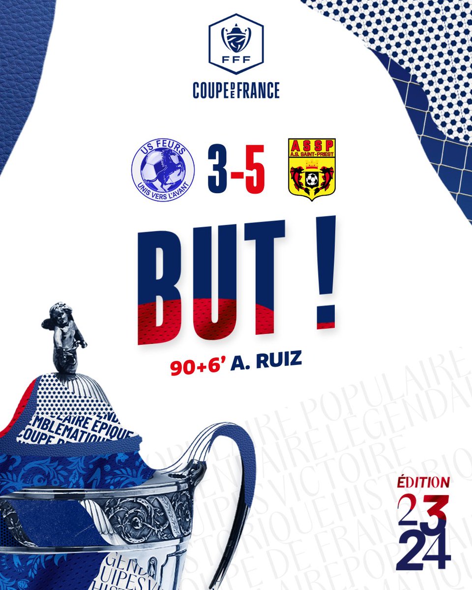 coupedefranceCA's tweet photo. 5๏ธโฃe but de l'@assaintpriest qui met fin au suspense !
Sur une contre-attaque, Ruiz se prรฉsente seul face au gardien et glisse le ballon dans le but !
#USFASSP #CoupeDeFrance https://t.co/UNpgayJt7I