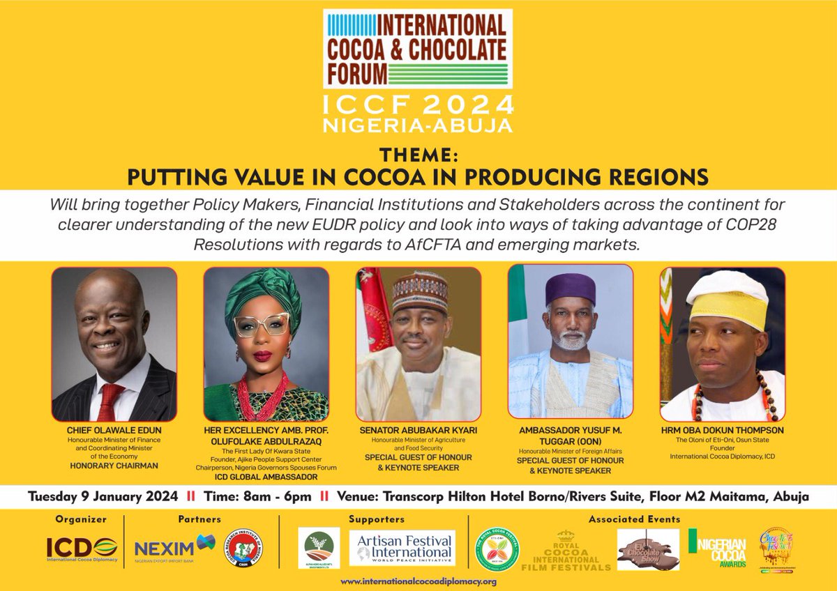 NeximBank's tweet photo. Join us on Tuesday 9th January, 2024 at the International Cocoa & Chocolate forum taking place at Transcorp Hilton Hotel, Abuja.
#nexim #iccf #cocoa https://t.co/CQwpAv1TRI