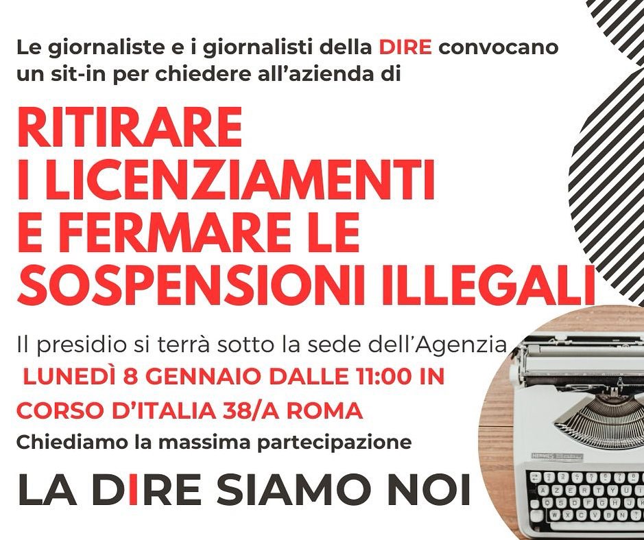 GVpressIt's tweet photo. Per i colleghi giornalisti e non solo, che domani lunedì 8 gennaio saranno a Roma, segnaliamo il presidio in solidarietà alla lotta dei colleghi dell'Agenzia Dire https://t.co/7bKAz1bkhi