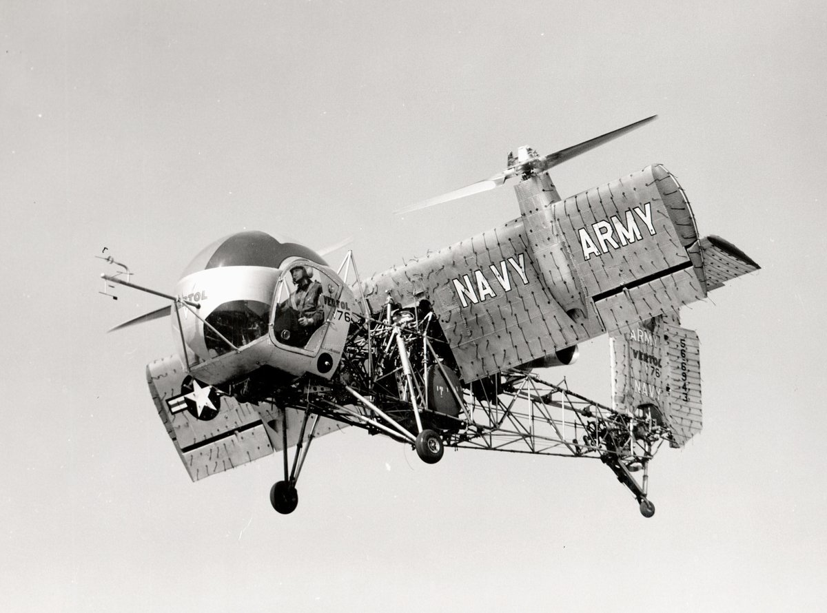 airandspace's tweet photo. On this day in 1958, the Vertol VZ-2 (Model 76) made its first horizontal flight. It could take off and land vertically by pivoting its entire wing upwards, along with its lifting propellers: https://t.co/wh2Z0ilAIf https://t.co/o9DLJENlTe