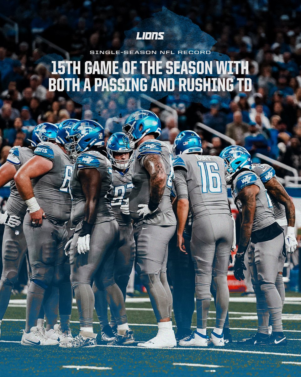 LionsPR's tweet photo. The @Lions have produced 15 games with both a rushing and passing TD this season.

This establishes a new single-season #NFL record.

#OnePride https://t.co/kWL3lOAlCL