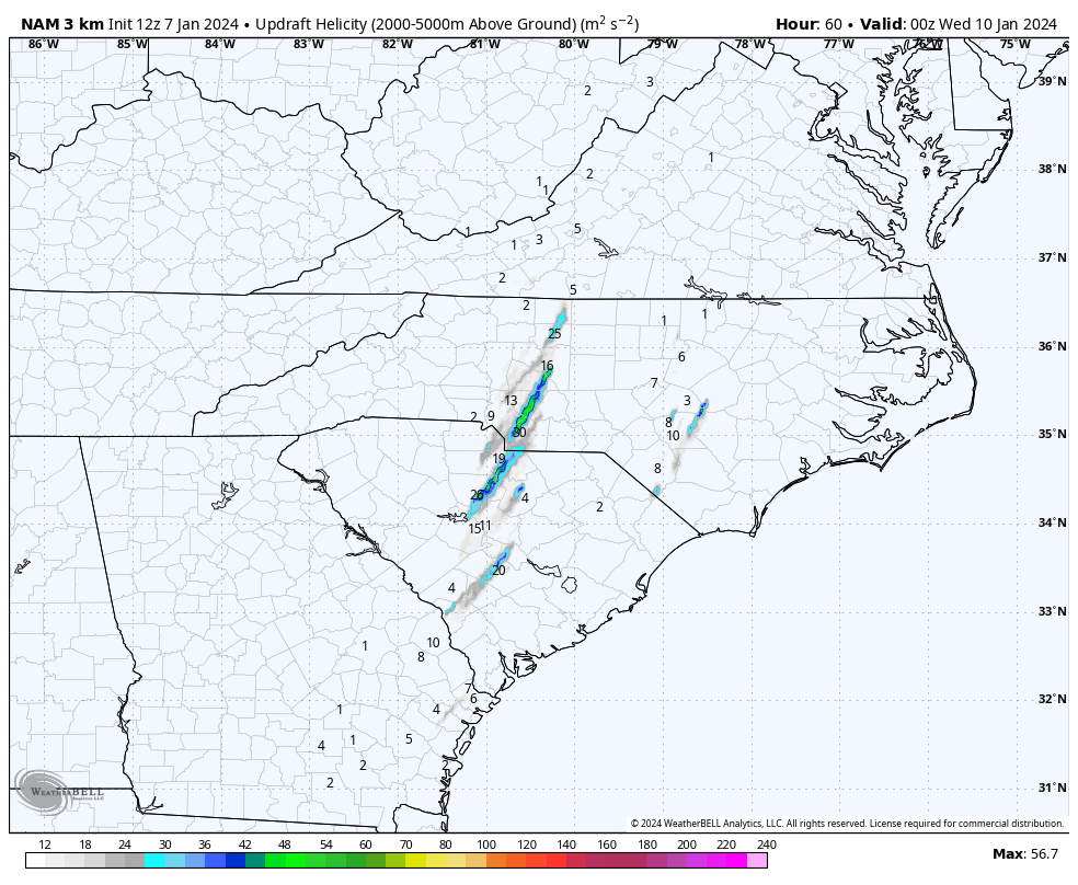 This is where the 12z NAM-3km shows the squall line at 7pm Tuesday. A narrow line but rotating supercells potentially embedded. Strong winds ahead of the squall line but the strongest right with the line. Be prepared for some wind damage Tuesday.High impact event!
