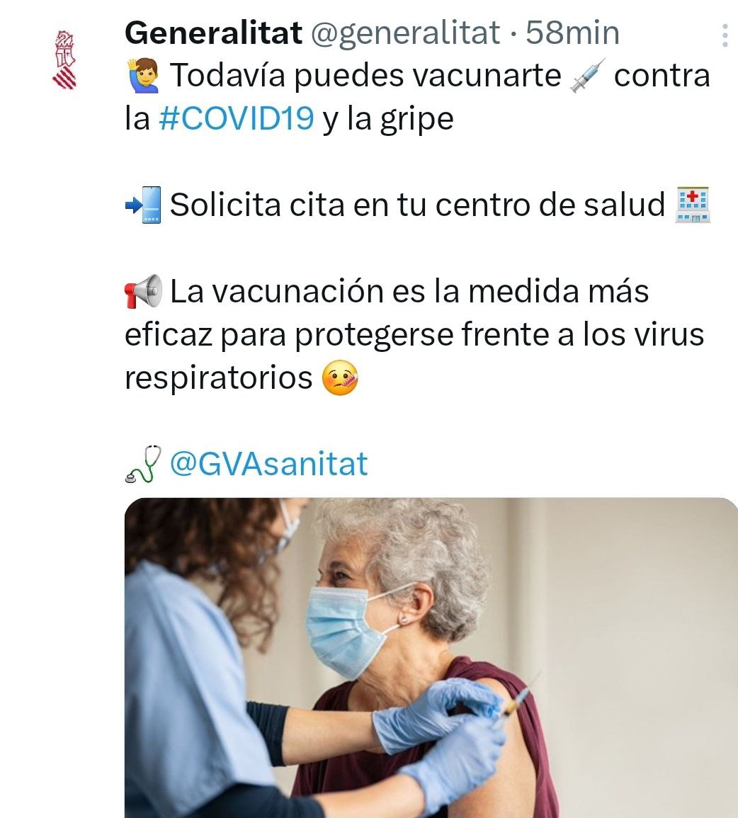 La Generalitat Valenciana, PP y VOX, anima a vacunarse contra el covid.
Es curioso. No hay un solo partido político que discrepe en esto y se atreva a cuestionar la seguridad y eficacia de las 'vacunas' experimentales del covid.
Comparte 

#YoNoMeVacuno