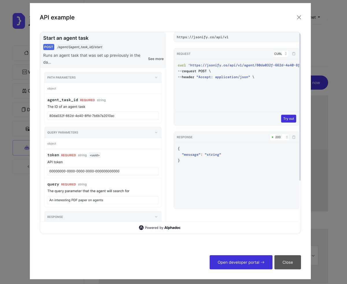 paul_hunkin's tweet photo. The new @jsonifyco developer platform site is launching soon, built with the excellent @Alphadoc_io!

I do like the new interactive API widgets in the dashboard -- much better examples than my previous <textarea>curl xxx</textarea> 😅 https://t.co/g42fMLyok0