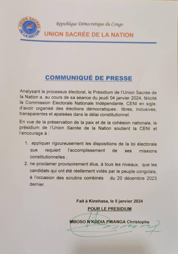 Faisant suite à l'invalidation de certains candidats pour fraude, l'Union Sacrée encourage la CENI à ne proclamer provisoirement élus que les candidats qui ont été réellement votés par le peuple congolais.

[Communiqué]👇