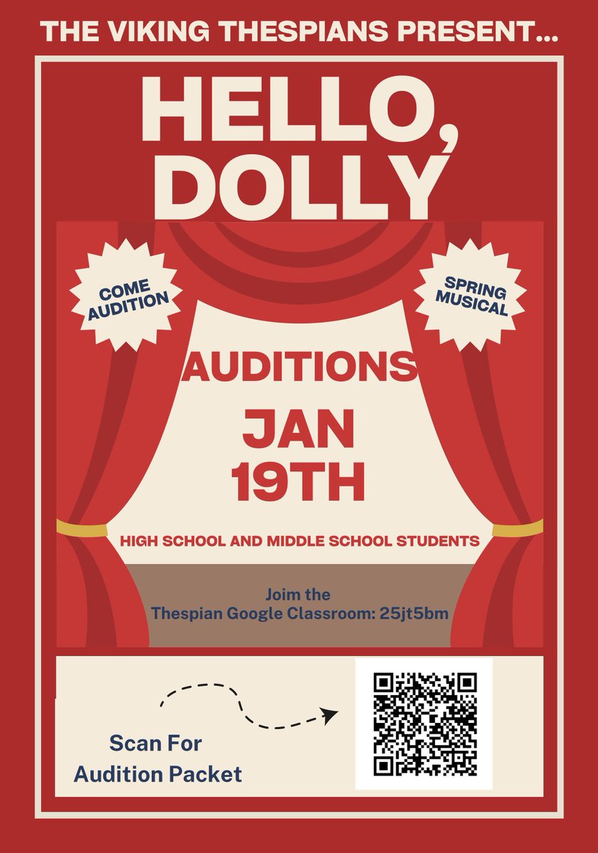 RCSHS_drama's tweet photo. Hello, Dolly auditions are January 19th after school!

-audition packets are available on the google classroom or at the QR code below 
-middle and high school students

🎭 we can’t wait to see you there! https://t.co/BgWu1cIScg