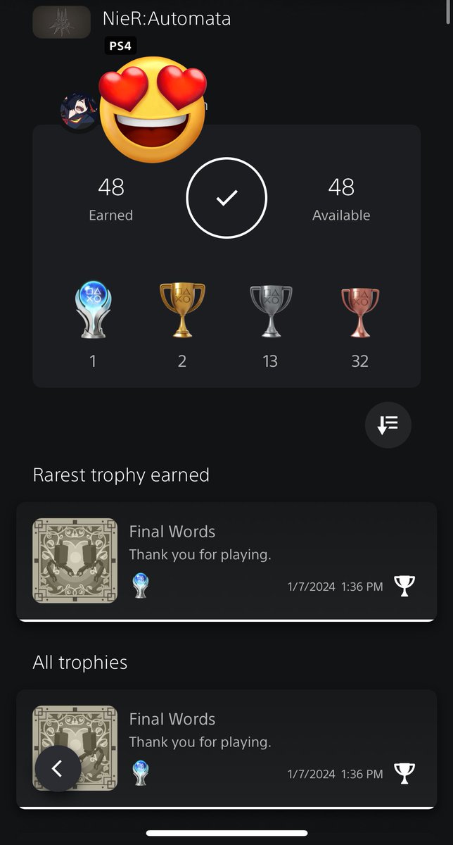 jacobintheblood's tweet photo. I JUST PLATINUMED NIER AUTOMATA 😭 I can’t believe the journey is over. This is truly one of my most favorite stories ever told https://t.co/3Wcd2c8kYX