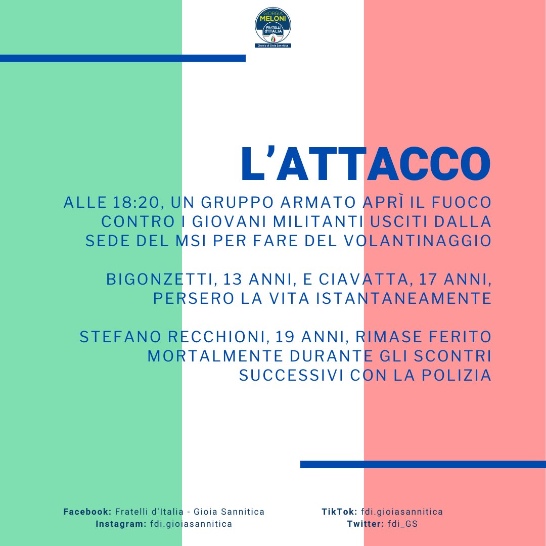 fdi_GS's tweet photo. LA STRAGE DI ACCA LARENZIA: UN CASO ANCORA AVVOLTO NEL MISTERO

Il 7 gennaio del 1978, nel quartiere Tuscolano a Roma, un evento ha lasciato un segno indelebile nella storia politica italiana: la Strage di Acca Larenzia.

A Franco, Francesco e Stefano. https://t.co/vdN1tMWXDx