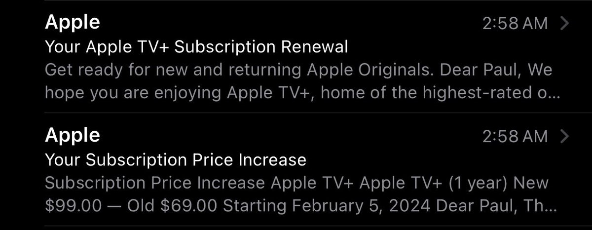SufficientIntel's tweet photo. @AppleTV really, in the same min you raised price and charged me? What a scam. https://t.co/vRqodvSRoe