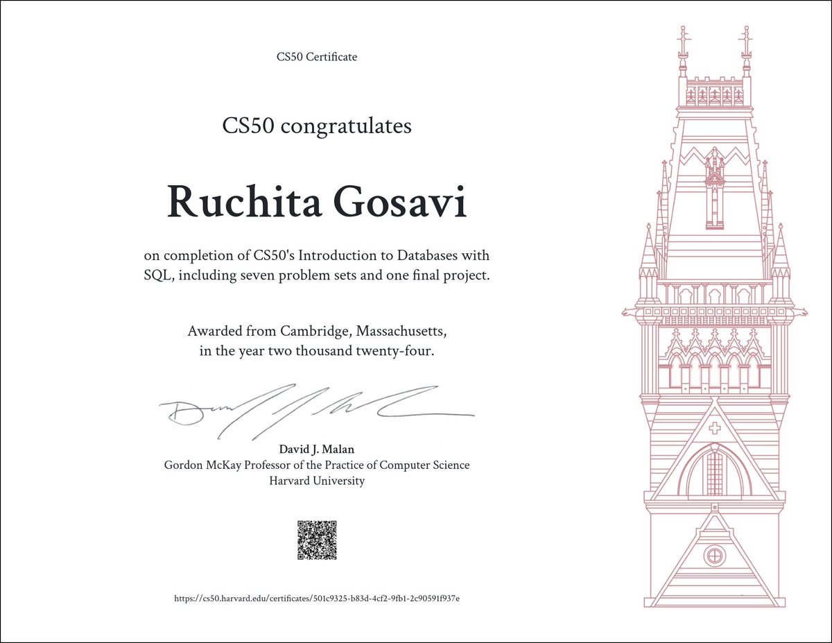 _ruchita1010's tweet photo. Completed CS50 SQL! I actually enjoyed learning SQL :P
#cs50 #cs50sql https://t.co/IN465kCTbH