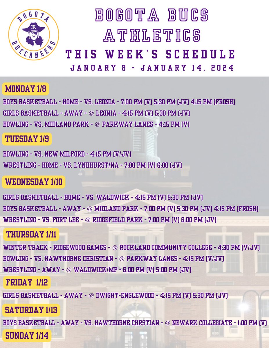 Bogota Bucs (@bogotaathletics) on Twitter photo Here is a look at this week's schedule of athletic events. Best of luck to all of our student-athletes and coaches! Go Bucs! <a href="/BogotaPublic/">Bogota Public Schools</a> <a href="/BogotaHigh/">Bogota Jr./Sr. High School</a> <a href="/bogotablognj/">Bogota Blog NJ</a> Here is a look at this week's schedule of athletic events. Best of luck to all of our student-athletes and coaches! Go Bucs! <a href="/BogotaPublic/">Bogota Public Schools</a> <a href="/BogotaHigh/">Bogota Jr./Sr. High School</a> <a href="/bogotablognj/">Bogota Blog NJ</a>