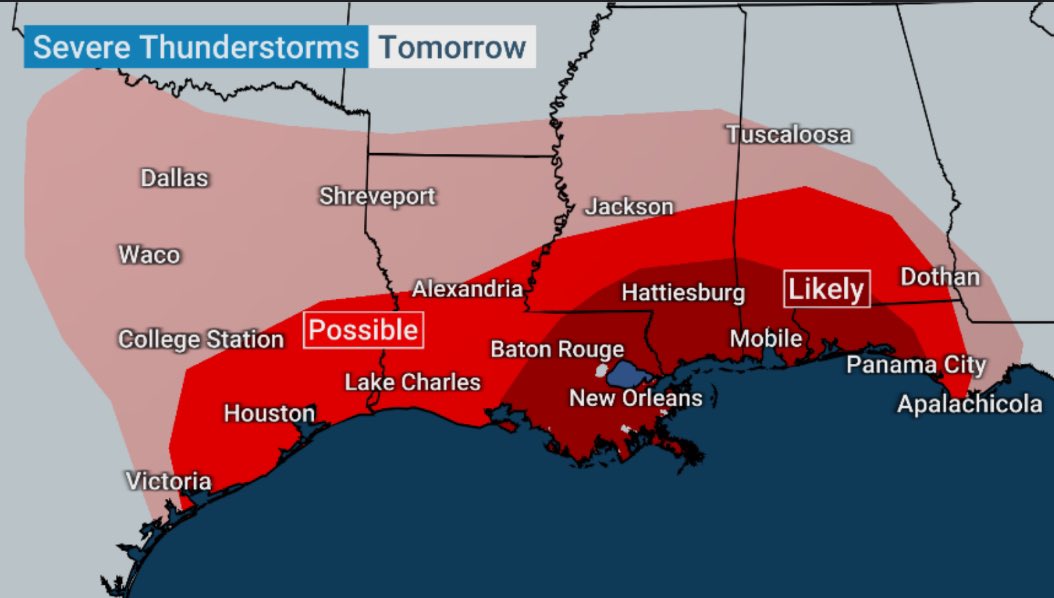 CharlesPeekWX's tweet photo. The severe side of Winter Storm #Finn has been upgraded for Monday afternoon into the overnight with TorCons as high as a 5. Stay tuned to @weatherchannel for the latest on both the winter side and the severe side of this system. #TXwx #LAwx #MSwx #ALwx #FLwx #torcon https://t.co/rwlT81Wisx