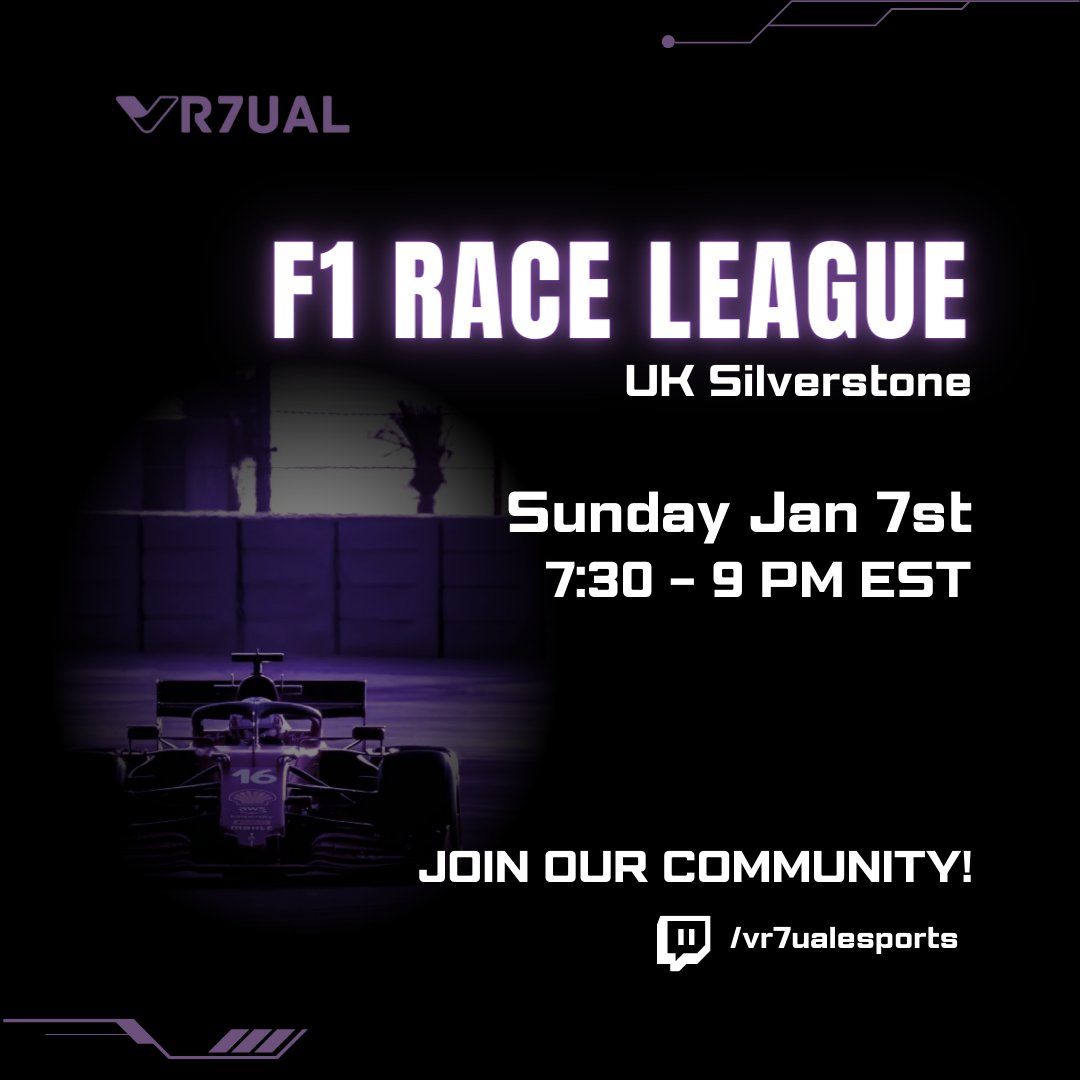 vr7ual's tweet photo. Start your engines for the virtual showdown at Silverstone! Join the thrilling F1 Race League competition and be part of our growing esports community. Don't miss out on the action – gear up for a night of high-speed racing tonight from 7:30 to 9 PM EST. #vr7ual #GamingCommunity https://t.co/Rl2Z33O6vU