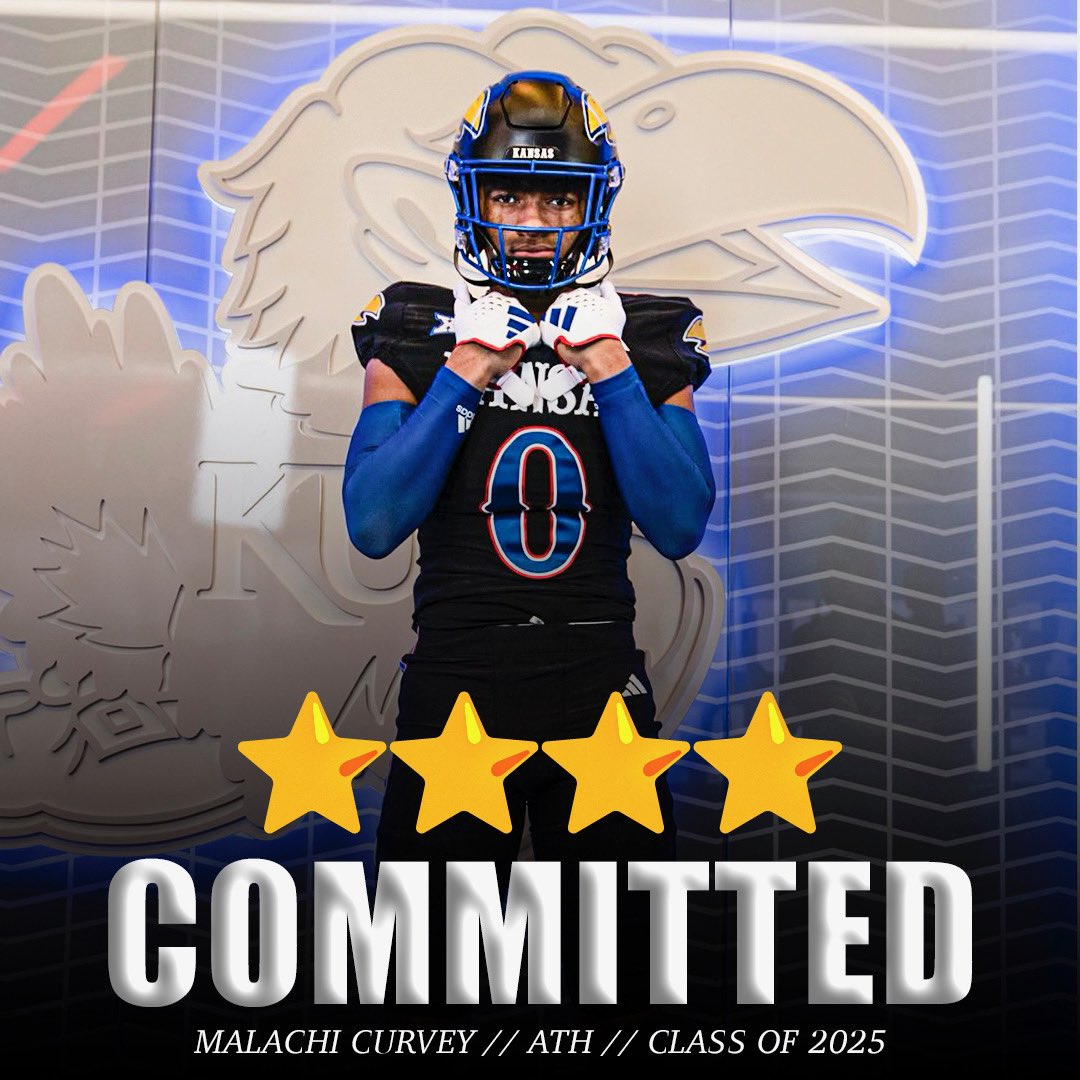 ⭐️⭐️⭐️⭐️Class of 2025 Recruit Malachi Curvey (6’3” 218 lbs ATH) has committed to KU! He also had offers from Iowa State, K-State, and Mizzou.