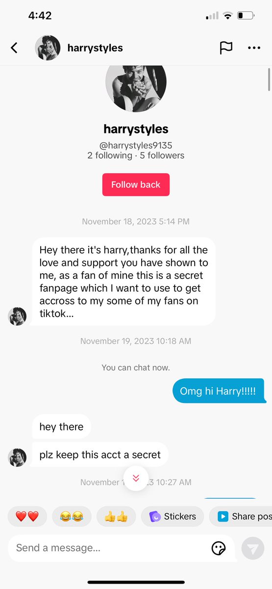 idkallyne's tweet photo. “Harry Styles” reached out to try and scam me on tiktok so I’ve kept up talking to the scammer for almost 2 months to waste his time and it’s been a interesting ride: a thread https://t.co/i3feuhtcdA