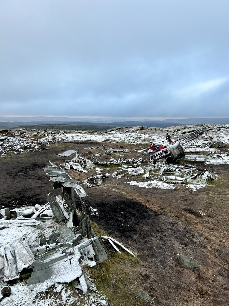 RPGilb's tweet photo. Tobias and I trekked up to the B29 Superfortress crash site today, off #snakespass in the hills above #Glossop. Both fascinating and eerie up there. Amazing to see so much wreckage still scattered around over 75 years after it crashed. #bleaklowbomber #Derbyshire #PlaneCrash https://t.co/CuoQ0VxinB