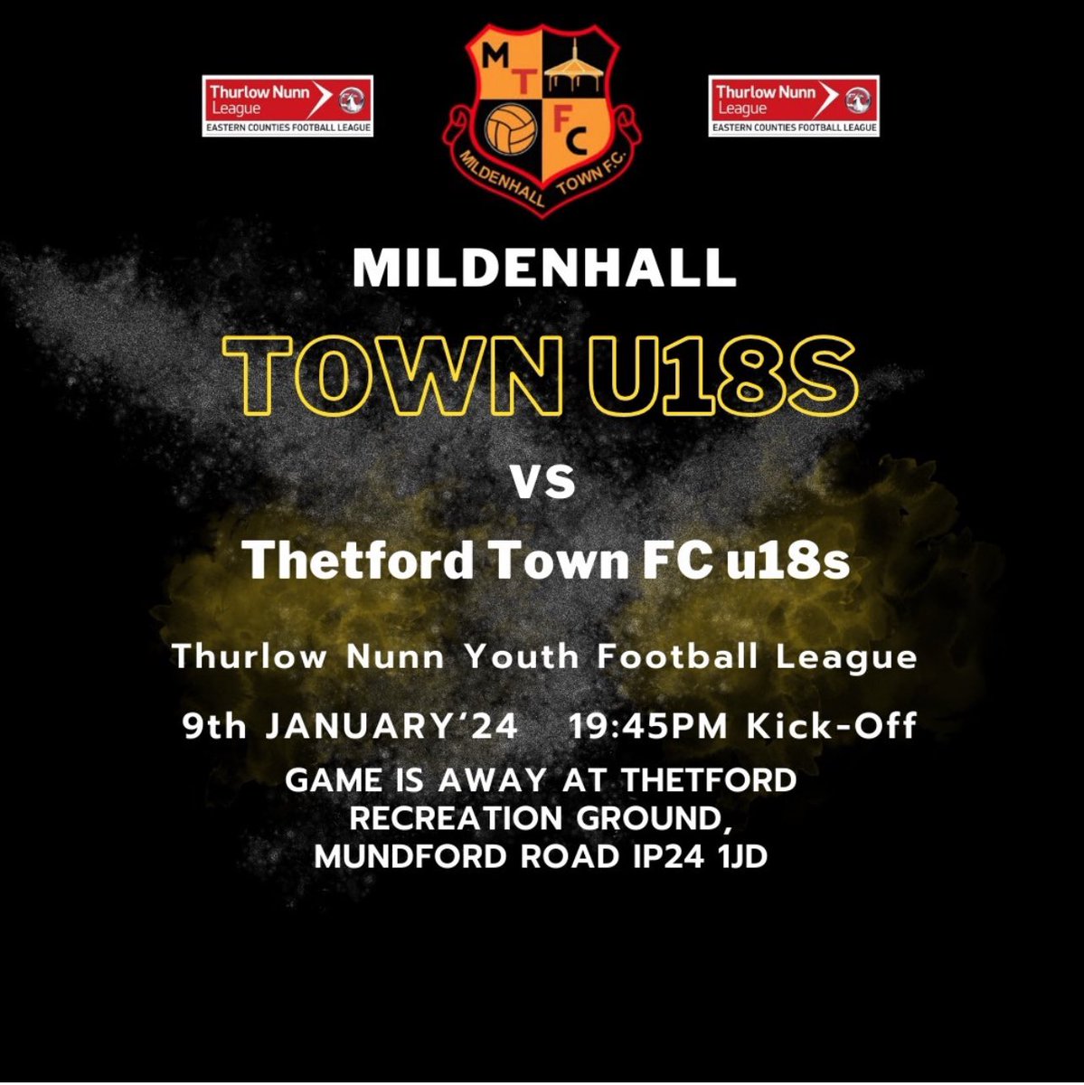 1ST Game of the year our u18s are Away to Thetford Town on Tuesday 9th January Kick Off 7.45pm. Please do come along and support us
