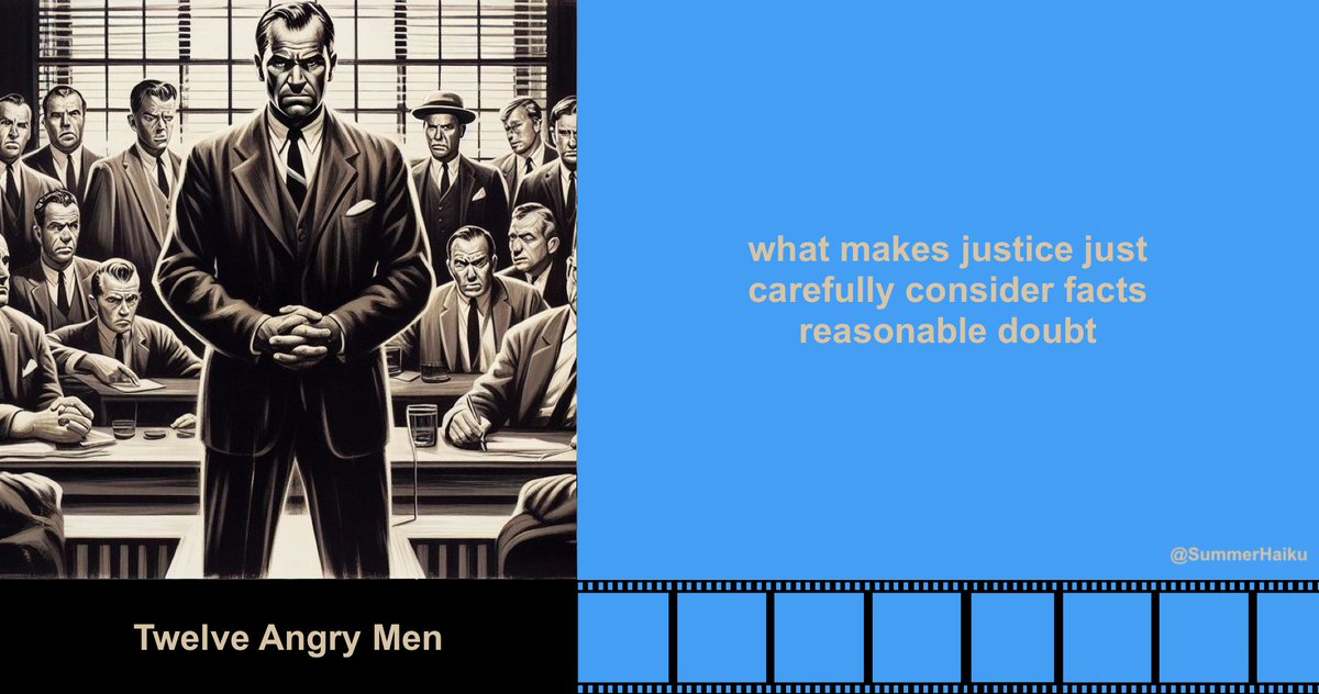 what makes justice just
carefully consider facts
reasonable doubt

#Winter2024 #Haiku #GreatMovies #TwelveAngryMen