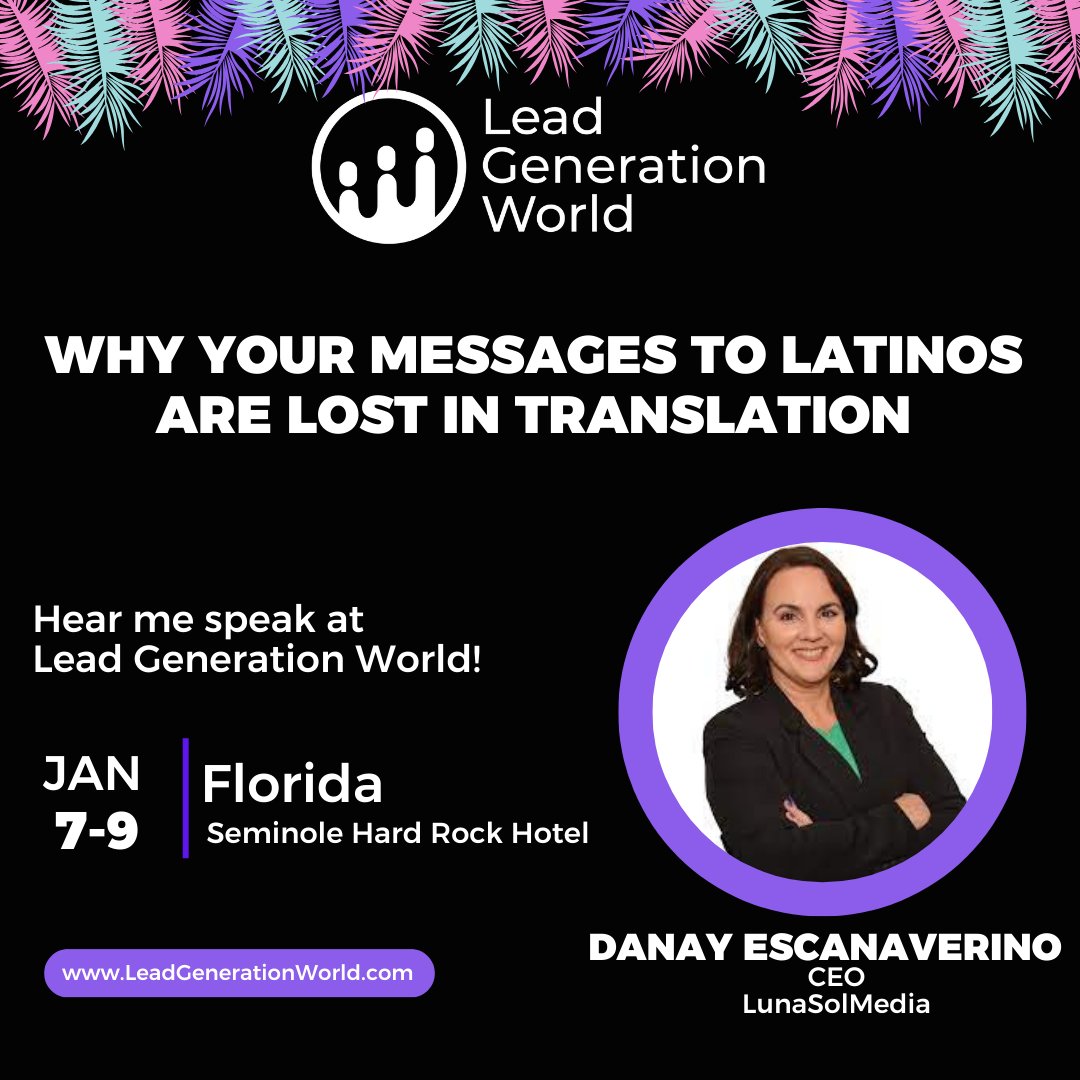Be sure to catch our CEO, @Danay at <a href="/LeadGenerationW/">LeadGenerationWorld</a> this Tuesday at 1:00PM speaking about connecting with the US Hispanic market, worth a whopping $3trillion+ in GDP.

#LGW2024 #LeadGeneration #DigitalMarketing #PerformanceMarketing #HispanicMarketing #Latinx