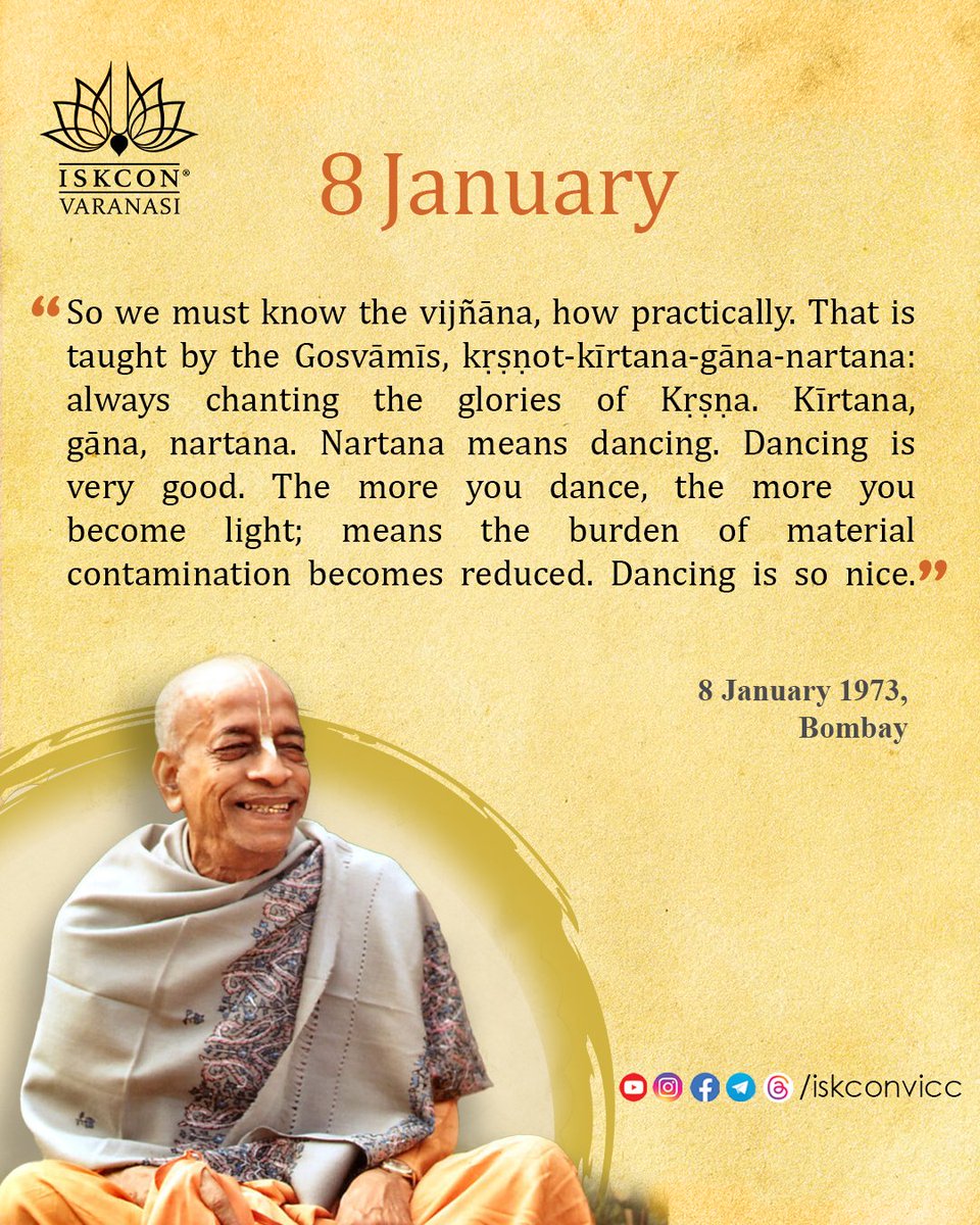Daily Prabhupada Vani - 8 January

#kirtan #dance #prabhupada_analogies #prabhupadavani
#wisdomforlife #lifechanginglessons #lessonsforlife #books #vedicwisdom #iskcon #founderacarya #iskocnvicc